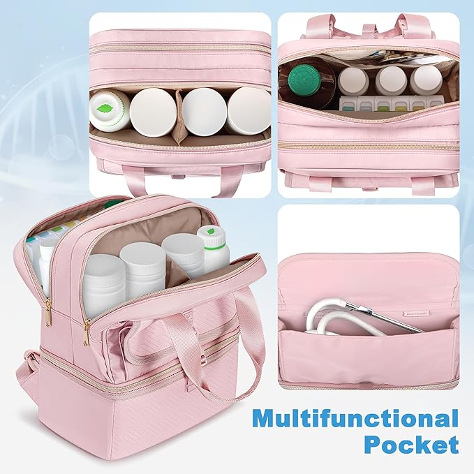 Fasrom Medicine Travel Bag Backpack with Insulated Compartment & Waterproof Mat, Double Layer Pill Bottle Organizer for Prescription, Vitamins and Medical Supplies, Pink (Empty Bag Only)