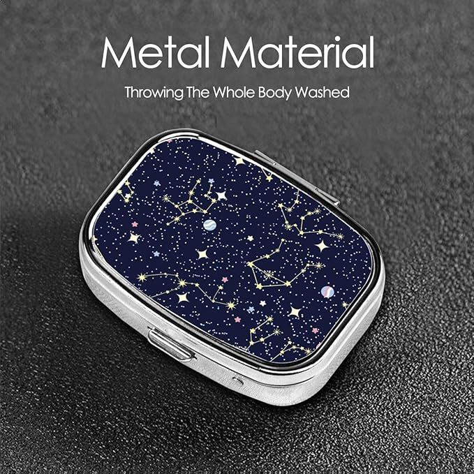 Pill Case Blue Zodiac Galaxy Starry Night Stars Glow in The Dark Midnight Pill Box with Mirror Retro Pocket 2 Compartment Medicine Case Vitamin Pill Organizer for Pocket Purse and Travel Gifts
