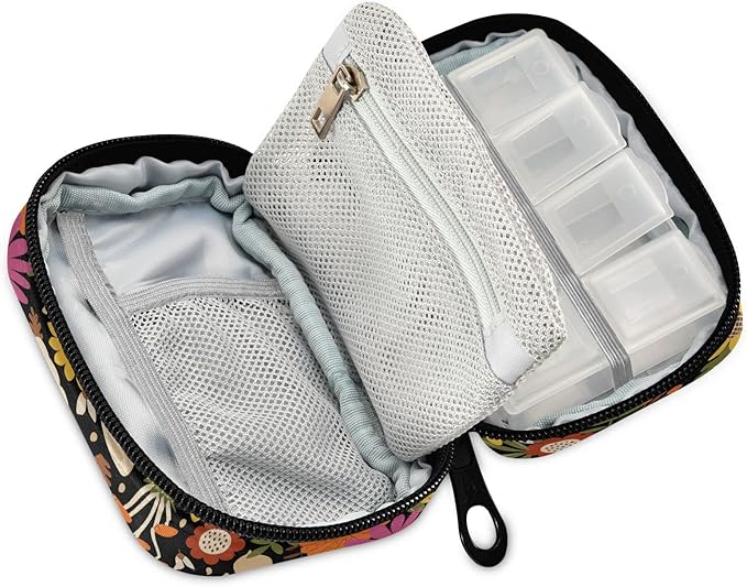 Pill Box Sunflower Mushroom 7 Day Pill Case Travel Pill Organizer Bag with Zipper Portable Weekly Vitamin Medicine Supplement Holder Pouch Bag
