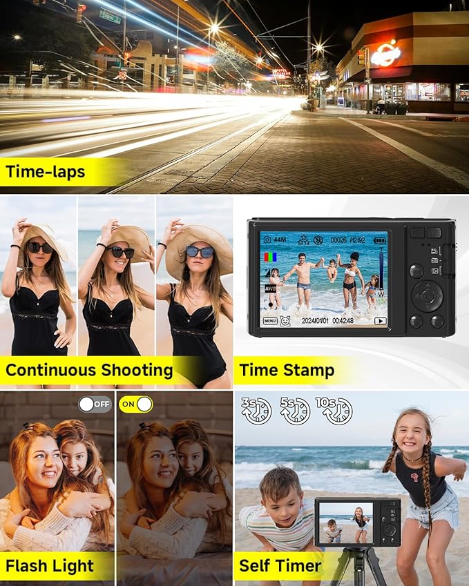 Black Digital Camera 4K for Teens with 16X Zoom Auto Focus, Small Compact Portable Point and Shoot Boys/Girls Student Digital Camera with 64G SD Card, 2 Batteries