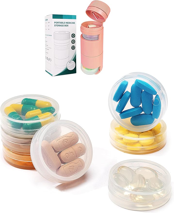 3 in 1 Portable Pill Cutter&Crusher with Pill Holders 7 Day Small Compartments, Pill Splitter and Grinder for Pills,Tiny Round Daily Medicine Storage,Small Travel Pill Box for Purse(New Pink)