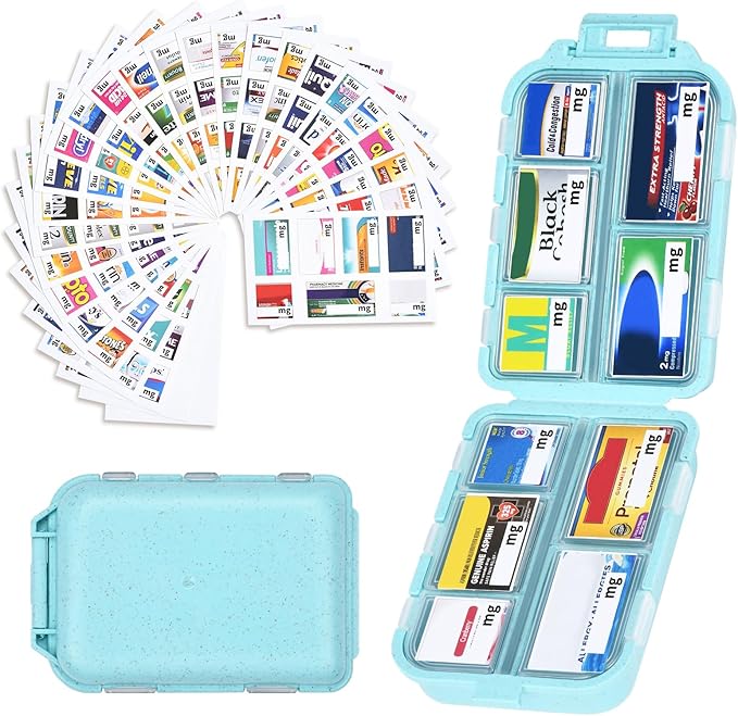 Large Travel Pill Organizer with Medicine Labels, 10 Compartments Travel Medicine Organizer Daily Pill Container Travel Pill Box Purse Pill Case (Blue, 189 Lables)