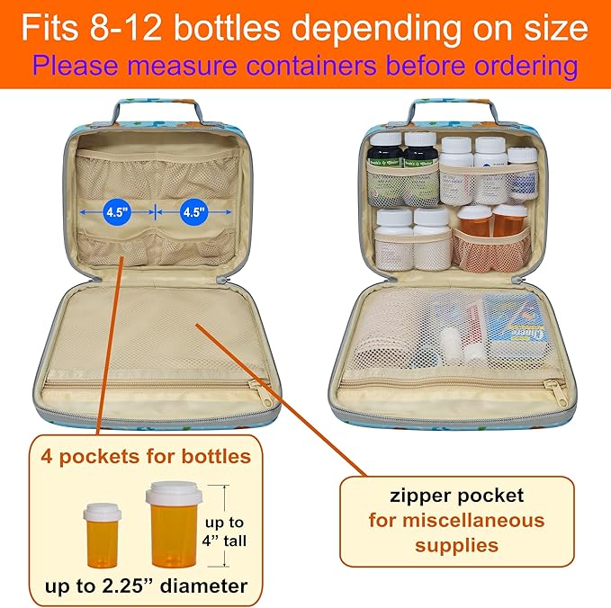 Medium Travel Pill Bottle Organizer, Child Medicine Bag with Zipper Toy, Carrier for Kids Medications and Medical Supplies - Dinosaurs