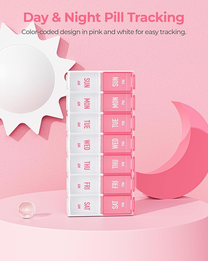 Weekly Pill Organizer 2 Times a Day, Stylish Pill Box 7 Day AM PM with Large Compartments, Pill Case Easy to Use, BPA-Free Pill Container for Vitamins, Fish Oils, Supplements, Medicines, Pink