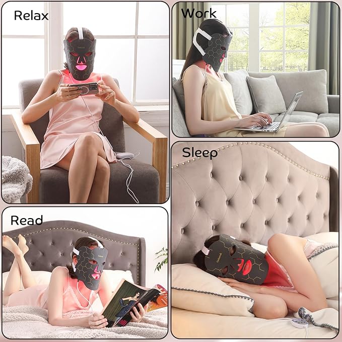 Red Light Mask, 7 Color LED Face Mask Light 4-in-1 Chip with 850 nm Near Infrared Light for Home
