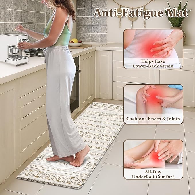 Arttown Anti Fatigue Mats for Kitchen Floor, Boho Moroccan Farmhouse Kitchen Mats Cushioned Anti Fatigue Rug, Waterproof Non-Slip Washable Kitchen Rugs and PVC - Brown/Cream