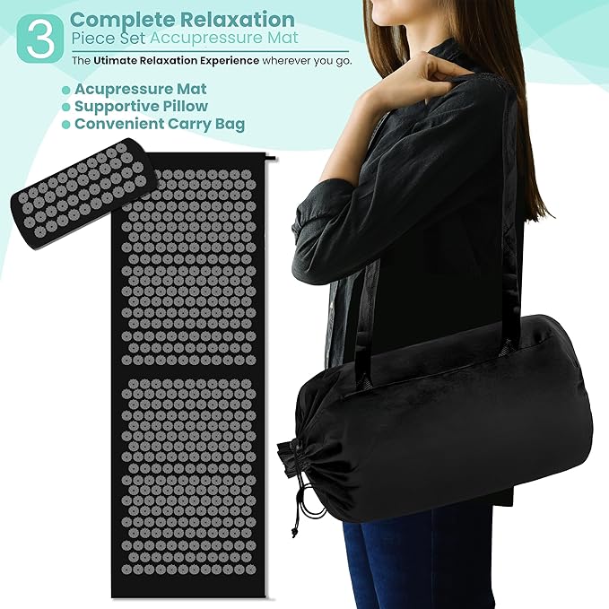 Sivan Health and Fitness Acupressure Mat and Pillow Set - Grounding Mat for Stress, Back & Neck Pain - Acupuncture Point Massage Mat for Muscle Relaxation, Sciatica, & Meditation - Includes Carry Bag
