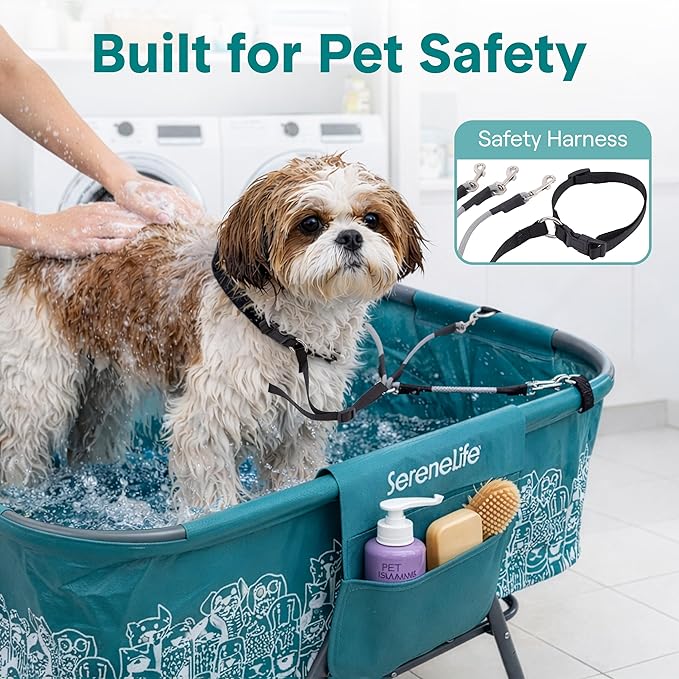 SereneLife Foldable Dog Bath Tub with Adjustable Height, 360° Access, Drain Hose & Storage Pockets – 130 lb Capacity Grooming Station for Indoor/Outdoor Use (Blue)