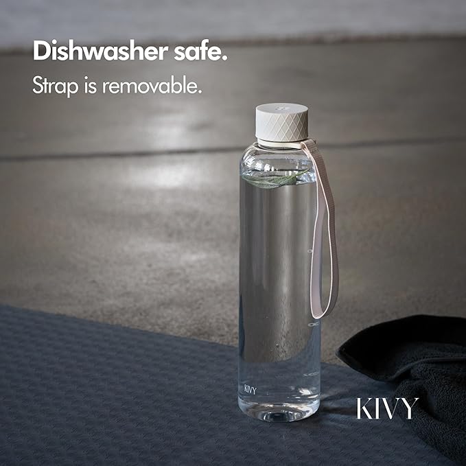 KIVY Slim Water Bottle 32oz [Lightweight & Shatterproof Tritan] Fits Backpack & Cupholder for Travel, Sports, School, Gym - Clear water bottle with measurements - Transparent Beige - Dishwasher Safe