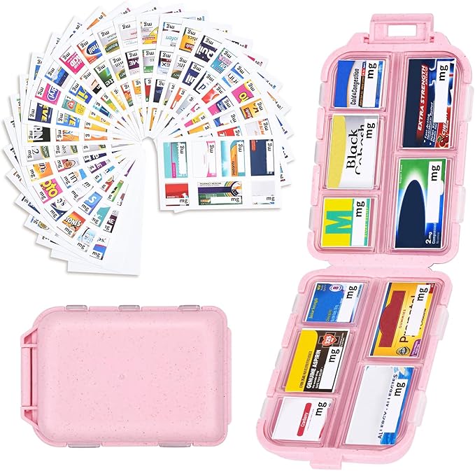 Travel Pill Organizer with Medicine Labels, Travel Pill Box Mini Medicine Organizer Daily Pill Container 10 Compartments Purse Pill Case (Pink, 189 Lables)