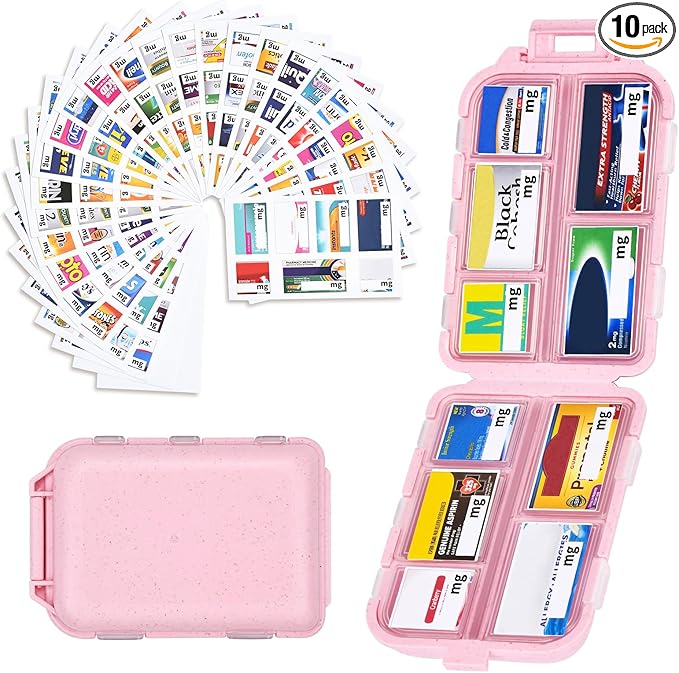 Travel Pill Organizer with Medicine Labels, 10 Compartments Travel Medicine Organizer Daily Small Pill Container Travel Pill Box Purse Pill Case (Pink, 189 Lables)