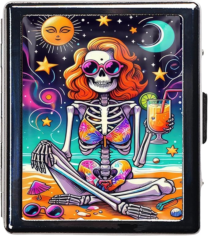 8-Compartment Pill Box Organizer Portable and Stylish Medicine Case, Versatile Storage for Medication - Ideal Travel Accessory & Unique Gift Idea (Beachside Skeleton Chill)