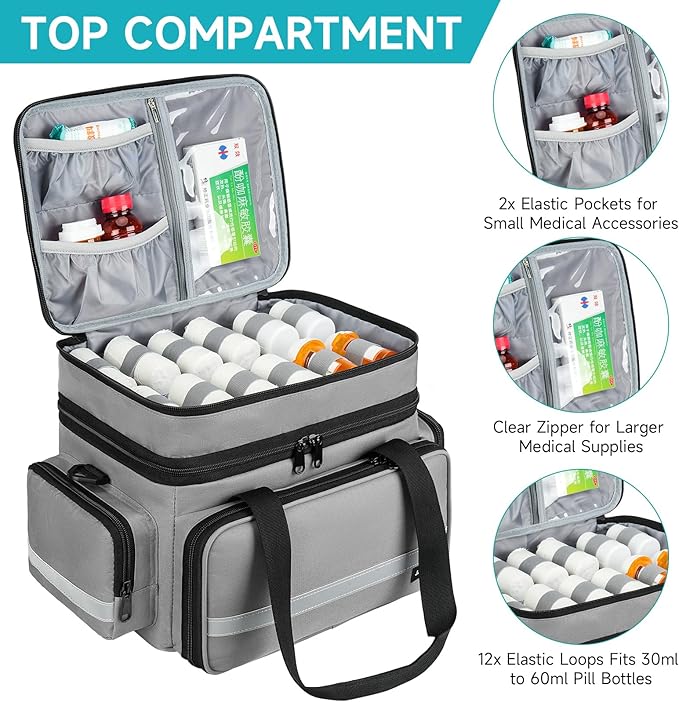 Large Pill Bottle Organizer, Double Layers Medicine Storage Bag with Lockable Zippers and Shoulder Strap,Medication Travel Bag for Prescription Bottles, Vitamins & Medical Supplies, Gray (Bag Only)