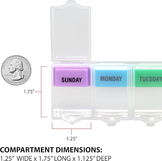 EZY DOSE Weekly (7-Day) Pill Planner, Medicine Case, Vitamin Organizer Box, 2X-Large Push N' Pop Open Compartments, BPA-Free, Rainbow/Clear Design