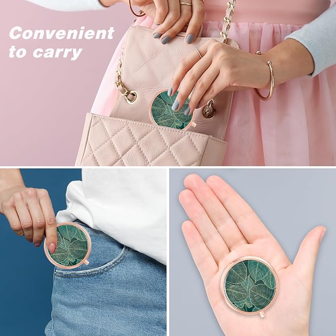 Rouidr Pill Box, 3 Compartment Medicine Pill Case, Small Metal Travel Medicine Box for Purse & Pocket, Rose Gold, Tropical Leaf