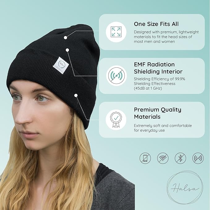 Halsa EMF Protection Hat, Faraday Beanie. Anti Radiation, EMF RF Radiation Shielding Silver Fabric Lined.
