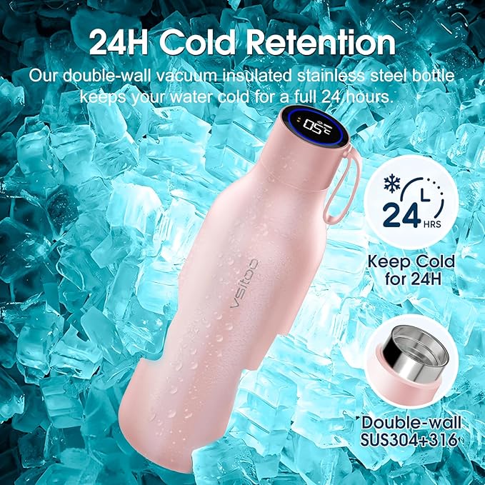 VSITOO 33oz Smart Self-Cleaning Water Bottle，Large Insulated Stainless Steel Bottle with AI Self-Clean, 30-Day Battery & Magnetic Charging for Outdoor Travel, Gym or Office, Pink