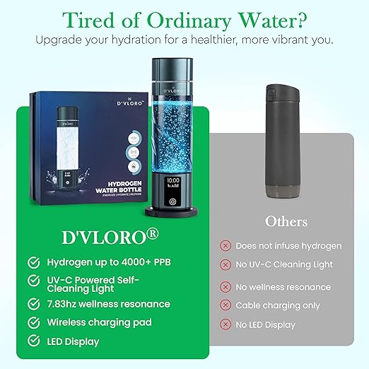 Wellness Frequency Hydrogen Bottle - Up to 4000+ PPB with UV Light Cleaning Technology and Wireless Charging Pad - Electric Water Bottle - Featuring 10 OZ Portable Capacity - SPE PEM Tech