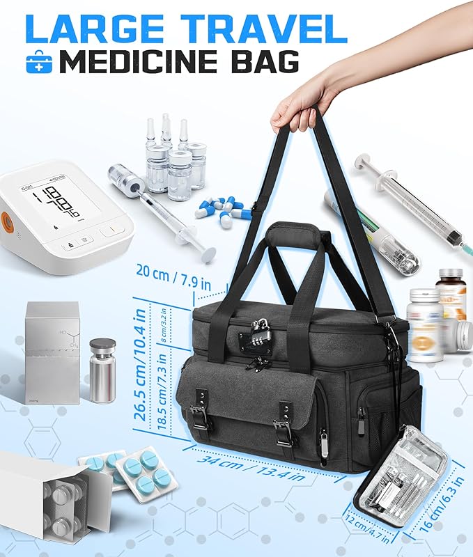 ARCFOX Medicine Storage Bag with Lock, Vintage Canvas Large Pill Bottle Organizer for Men, Double Layers Medication Storage with Portable Travel Pouch Shoulder Strap Handles, Black