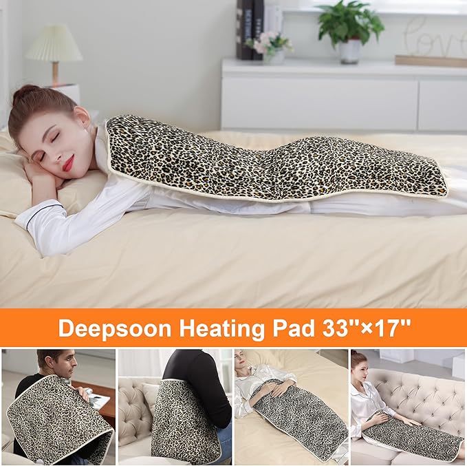 Deepsoon Heating Pad,Electric Heating Pads for Back,Neck,Abdomen,Moist Heating Pad for Shoulder,Knee,Arms,Legs,Dry/Moist Heat & Auto Shut Off,Christmas Gifts for Men and Women,Leopard Print,33x17 Inch