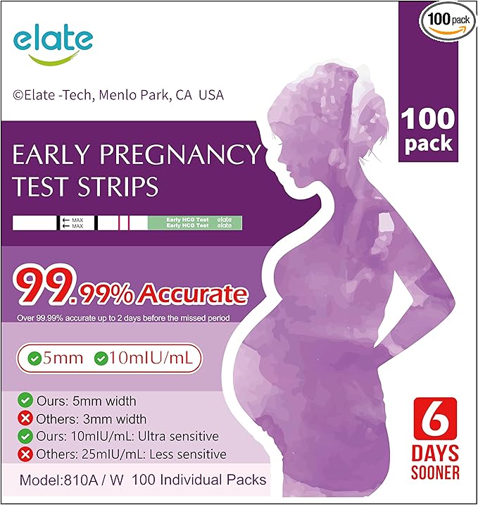 Elate Pregnancy Test Strips 100 Count, Early Detection HCG Test, 10 MIU/ml High Sensitivity, 99.99% Accurate Results, 6 Days Sooner, Easy to Use Home Pregnancy Test Kit