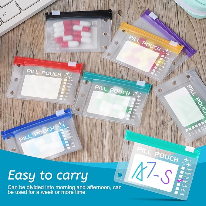 A7-S Pill Pouches Set for A7 Ring Binder, Weekly Pill Organizer 2 Times a Day, Pill Loose-Leaf Storage with Color-Coded Medicine Pouches, Reusable Travel Medicine Organizer