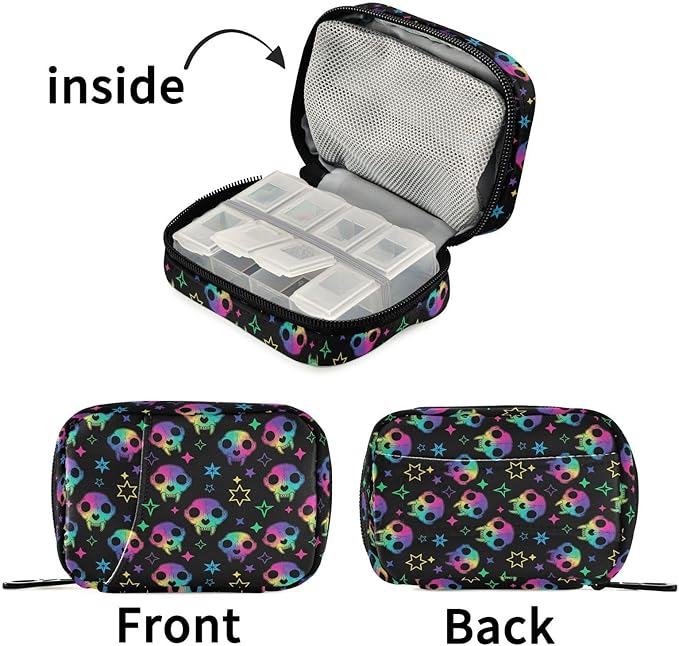 Travel Pill Organizer Bag Weekly Pill Organizer Case Goth Rainbow Style Skull Portable Small Daily Pill Boxes for Vitamin Fish Oils Supplement Holder with Zipper Compact Size