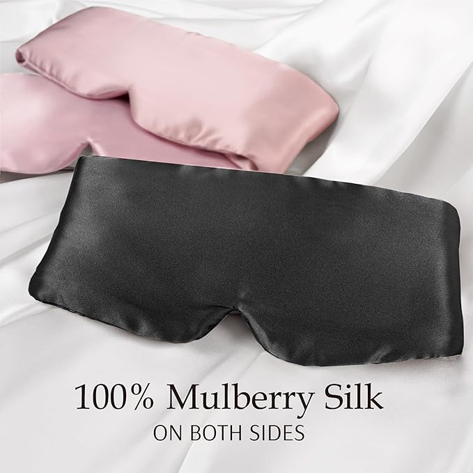 Silk Eye Mask for Sleeping 2 Pack, 100% Natural Silk Sleep Masks for Women Men, Soft Pressureless Cooling Blackout Satin Eye Mask Fits All Heads with Adjustable Strap for Home & Travel
