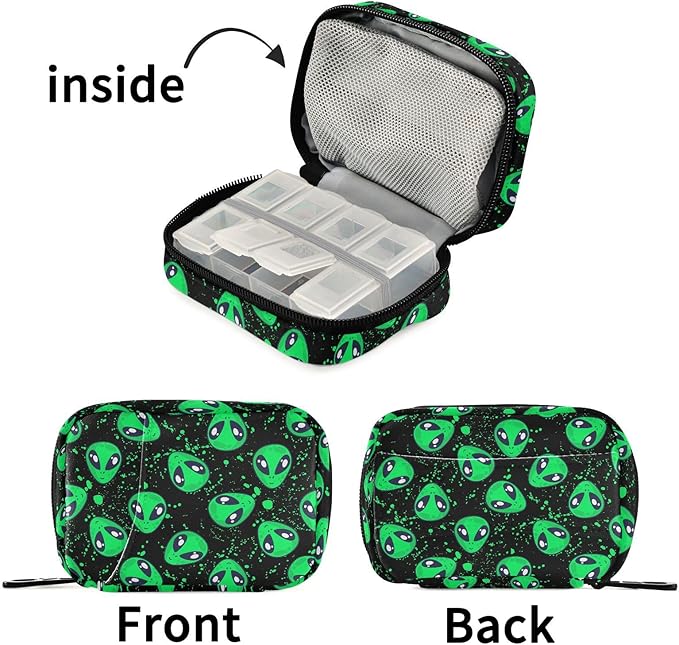 Green Alien Pill Box 7 Day Pill Case Travel Pill Organizer Bag Container for Medicine with Zipper Portable Weekly Case Compact Size for Medicine, Vitamin, Supplement