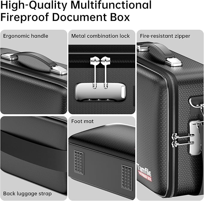 Tamfile Fireproof Document Box, Hard Case 5200°F Fireproof Water Safe File Box with Lock, 8-Layer Fireproof Safe File Organizer for Important Documents, Valuables, Laptop, Passports (Black)