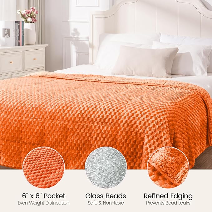 Super Fuzzy Soft Fleece Sherpa Weighted Blanket 20 lbs for Adults, 3D Imitation Turtle Shell Luxury Weighted Throw for Better Sleep, Dual Sided Cozy Heavy Blankets for Couch Bed, Orange, 60" x 80"