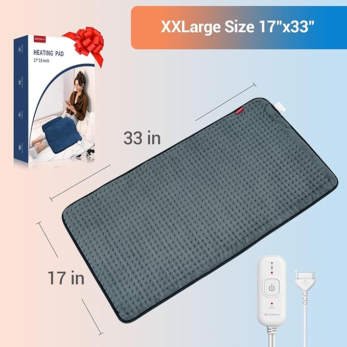 Comfytemp Extra Large Heating Pad for Back & Period, 33''x 17'' King Size, FSA Eligible Items Only List, HSA Approve Electric XL Heated Pad for Shoulder/Neck/Knee, Small Lap Blanket, Washable (Gray)