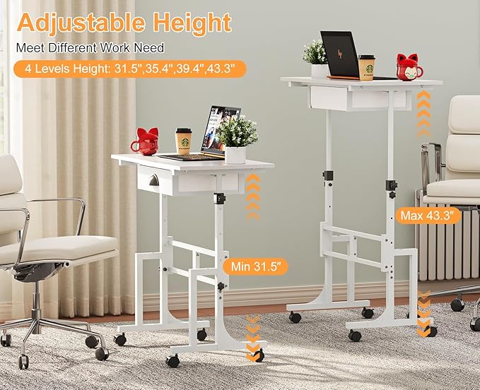 Adjustable Height Standing Desk for Walking Pad Treadmill, Portable Rolling Desk for Laptop with Drawer, Small Moblie Sit to Stand Desk On Wheels with Stiffener for Home Office Dorm Bedroom