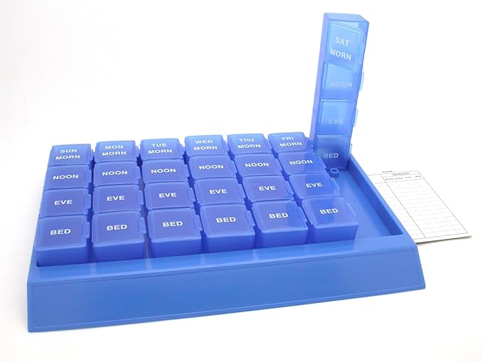 Acu-Life Weekly (7-Day) Pill Case, Medicine Planner, Vitamin Organizer, Pop-Out Compartments, 4 Times a Day, Easy to Use, Color May Vary, BPA Free