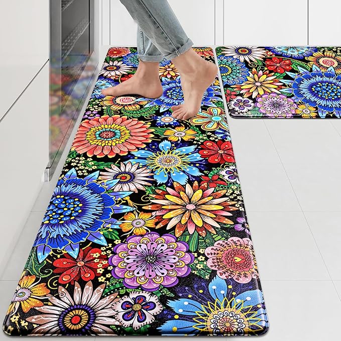 Likiyol Boho Kitchen Rugs, Boho Floral Anti Fatigue Kitchen Mat for Floor, Bohemian Flowers Non Slip Washable Kitchen Floor Mats, Comfort Standing Mat, 18'' x 48'' + 18'' x 60''