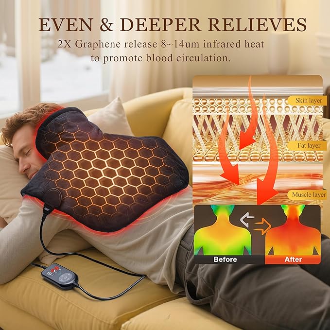 Neck and Shoulder Heating Pad: 2X Graphene Extra Hot Max 160℉ for Faster Deeper Pain Relief - 4H Auto Shut Off for Home Office Use - Machine Washable - Gifts for Dad Grandpa Husband