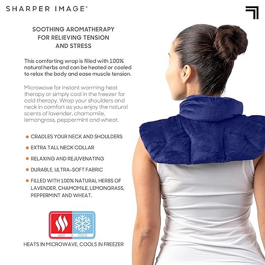 Sharper Image Heated Neck & Shoulder Wrap - Microwavable Warm & Cooling Plush Pad, Scented Aromatherapy (100% Natural Lavender & Herb Spa Blend), Pain Tension Headache Relief Therapy, Gift for Women