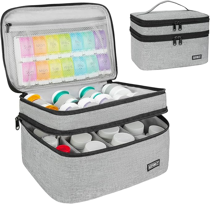 Medicine Storage Bag,Double Layers Pill Bottle Organizer Bag Empty with Lockable Zipper&Adjustable Divider,Medication Travel Carrying Bag for Pills,Vitamins,Medical Supplies,Grey