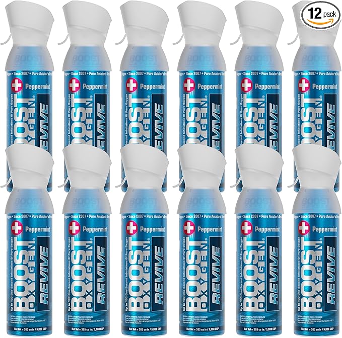 Boost Oxygen Medium Revive Peppermint Aroma 5L Canister | Respiratory Support for Aerobic Recovery, Altitude, Performance & Health (12 Pack)