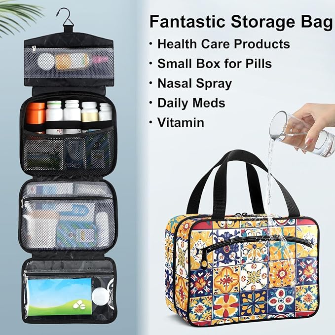 Fustylead Mexican Spanish Style Colorful Tile Pattern Empty Travel First Aid Bag Large Home Medication Bag with Zipper for Pills,Vitamin,Fish Oil,Supplements for Women and Men