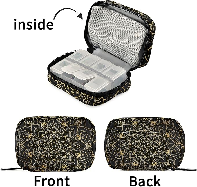 Vintage Floral Mandala Pill Case, Weekly Portable Pill Bag Container 7 Days Pill Box Organizer Vitamin Supplement Holder with Zipper for Travel Family Business