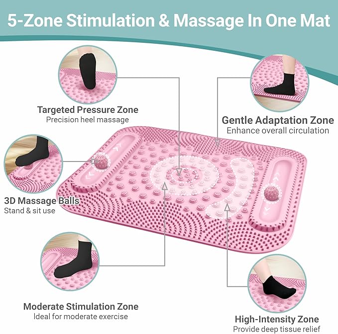 Foot Massage Mat with Two Massage Balls, 5-Zone Acupressure & Reflexology Mat for Various Stimulation, Portable Pressure Point Pad for Feet Relaxation, Pain, Fatigue Relief((Pink)