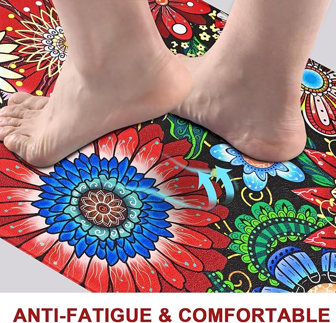 Likiyol Boho Kitchen Rugs Floral Kitchen Mats for Floor Bohemian Cushioned Anti Fatigue Mats for Kitchen Floor Non Slip Washable Kitchen Mat for Home, Sink, 18''x30''+18''x48'', Red