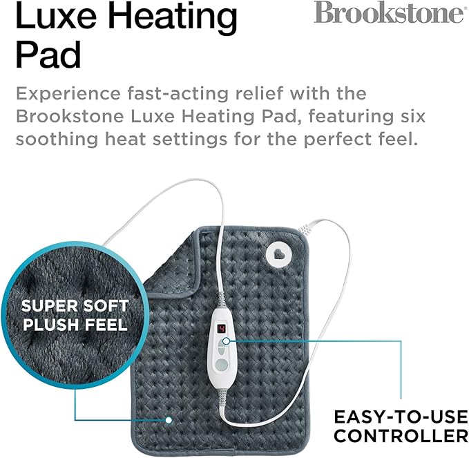 Brookstone Herringbone Portable Heating Pad - Super Soft Plush, 6 Heat Settings, Machine Washable, Easy-to-Use Controller, 16'' x 12'' for Pain Relief, Period Cramps, Warmth (Gray)