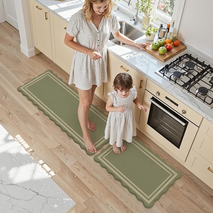 KIMODE Anti Fatigue Mats for Kitchen Floor 17"x47"+17"x29", Farmhouse Kitchen Rugs Sets of 2, Cushioned Kitchen Floor Mat Non Skid, Memory Foam Kitchen Mat for Laundry Office Sink Desk Olive Green