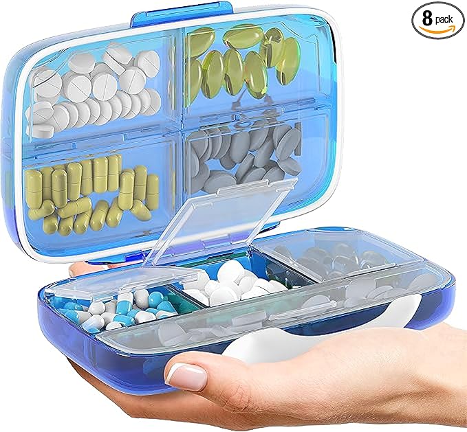 Travel Pill Organizer - Airtight Medicine Case for Traveling Portable Pharmacy Box with Labels Vitamin Container 8 Compartment Supplement Medication Holder Large Capacity Daily (Blue)