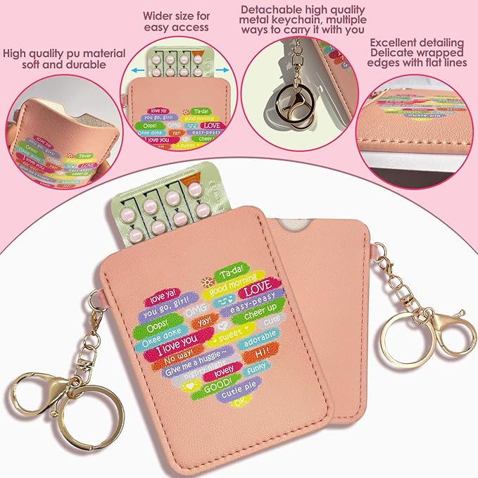 Birth Control Pill Case Holder, 4.3x3.3IN Compact Organizer Sleeve with Keychain, Fits Standard Pill Packs, Portable and Stylish Protection Cute Funny Discrete Artwork (Pink Heart)