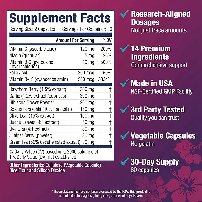 ULTALIFE Blood Pressure Supplements - Advanced Blood Pressure Supplement Complex - Hawthorn Berry, Hibiscus, Garlic, Forskolin - 14 Vitamins & Herbs, 30 Day Supply in Veggie Capsules