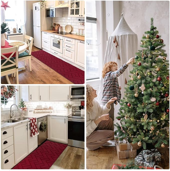 hicorfe Kitchen Rugs and Mats Sets,Non-Slip 2 Pieces Absorbent 100% Polypropylene Rug,Comfort Kitchen Runner Mat,Washable for Kitchen,Sink,Laundry(20" x 48"+20" x 48",Red)