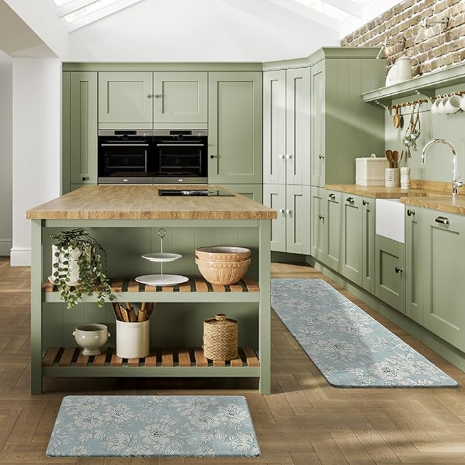 Laura Ashley - Anti-Fatigue Kitchen Mat, Iris Floral Design, Stain, Water & Fade Resistant, Cooking & Standing Relief, Non-Slip Backing, 2 Piece Set, Light Blue